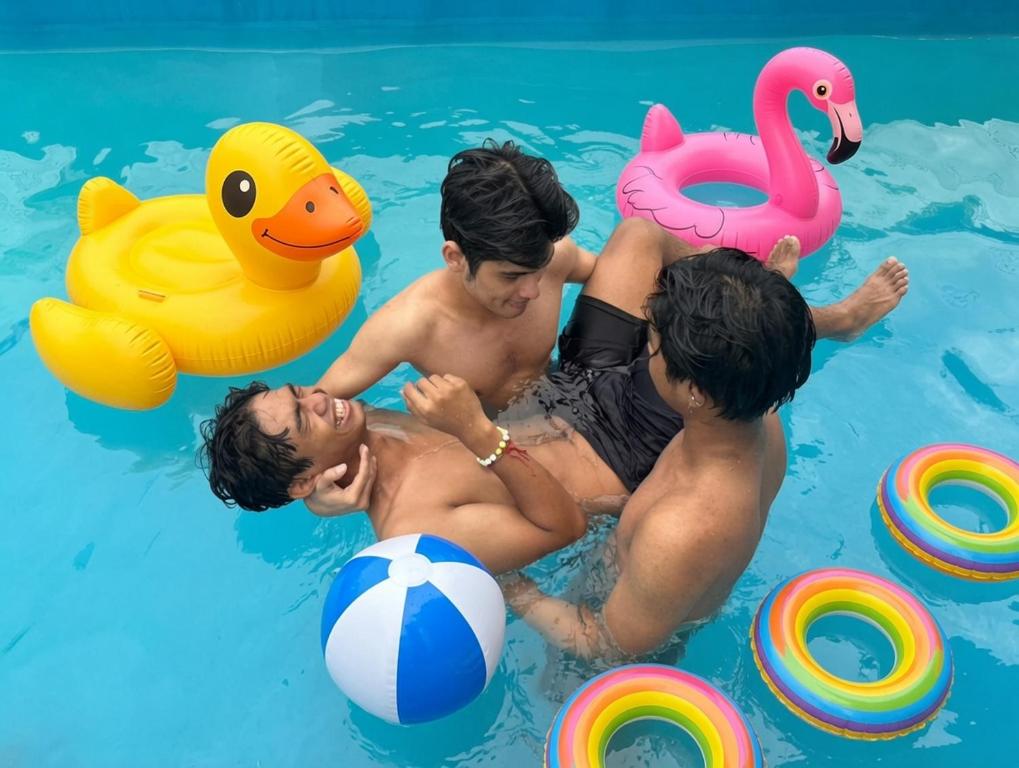 a group of men in a swimming pool with toys at Easy Monday Pool Capsule Hotel - Old Town Bangkok in Bangkok