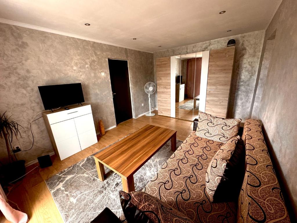 a living room with a couch and a table at Andra apartament in Petroşani