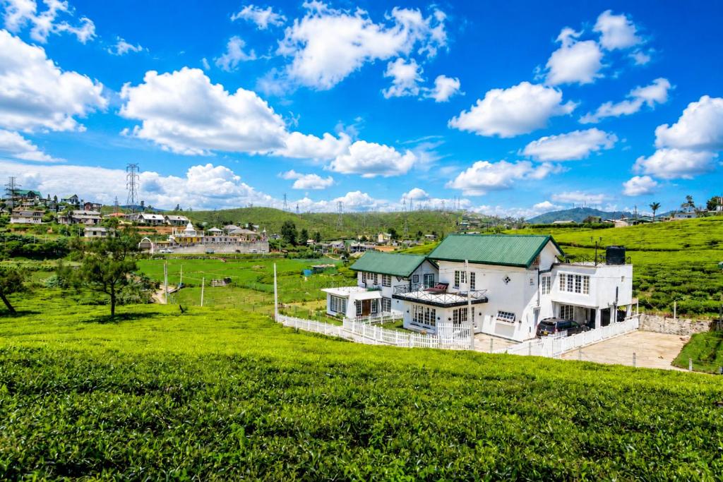 a house on a hill with a green field at Villa Tea Fields - Free Breakfast, Just 4km from City, Near Lake Gregory in Nuwara Eliya