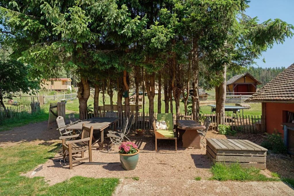 a picnic table and chairs in a yard with trees at Das Falken Nest in Eisenbach