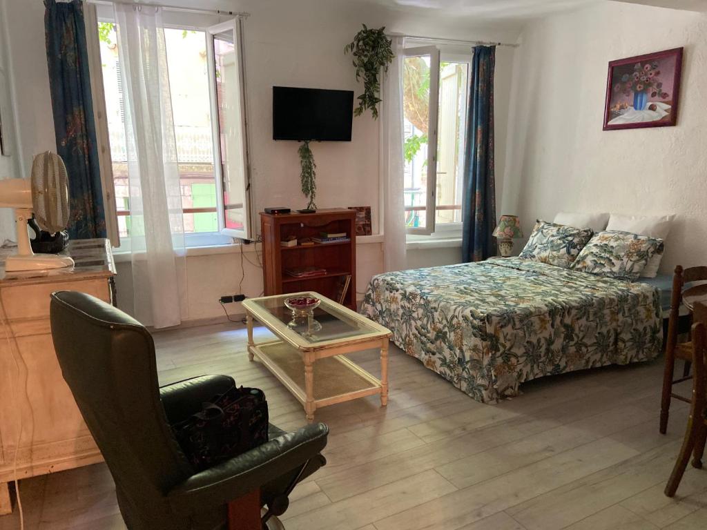 a living room with a bed and a chair at Studio petite perle in Bargemon