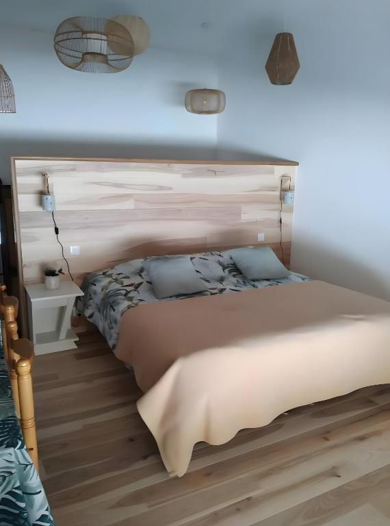 a bedroom with a large bed and a blue wall at Chambre - A La Maison Du Bonheur in Lanty-sur-Aube