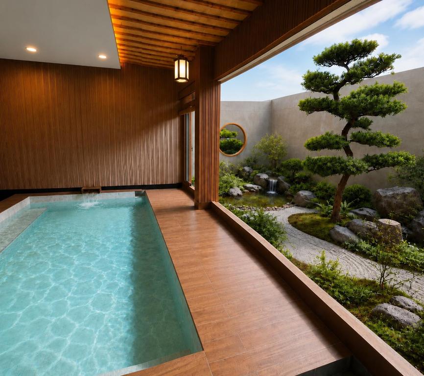 an indoor swimming pool in a house with a garden at Towa Onsen and Ryokan in Ban Nong Tangme
