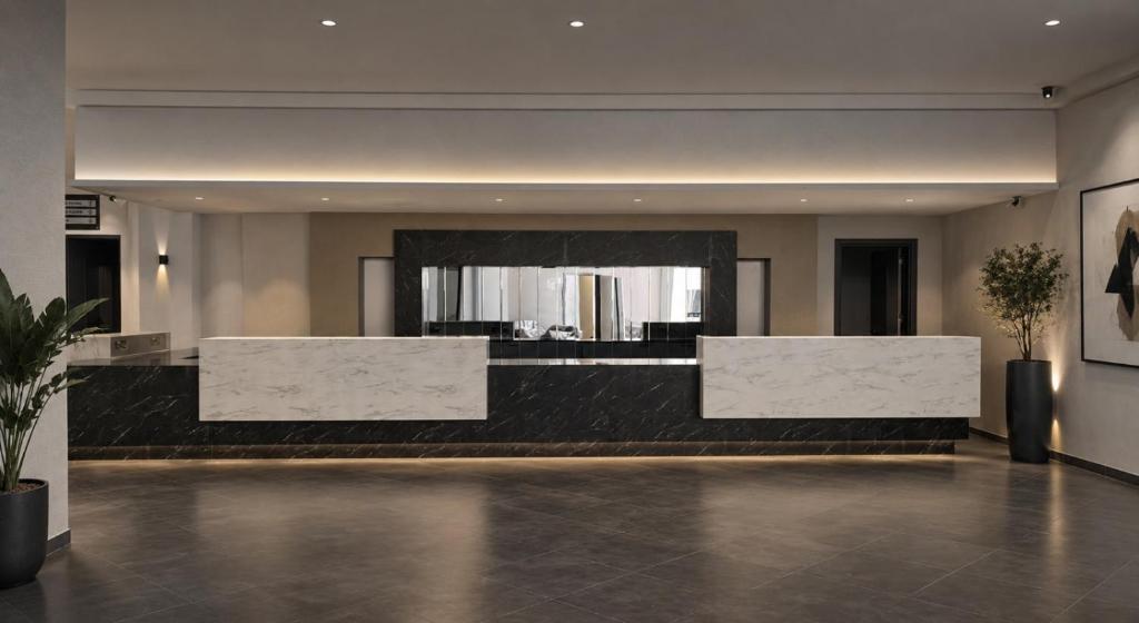 eine Lobby mit zwei Empfangsschaltern in einem Gebäude in der Unterkunft Unipark Hotel in Kurna