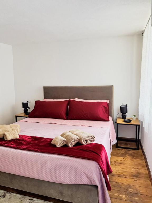 a bedroom with a large bed with red pillows at B&B Nonna Cristina in Nardodipace