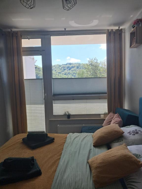 a bedroom with a large bed with a large window at APARTAMENT USTROŃ 84 in Ustroń