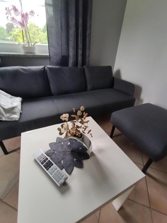 a living room with a couch and a white coffee table at Ferienwohnung Wagner mit Terrasse und Kinderspielplatz in Küps