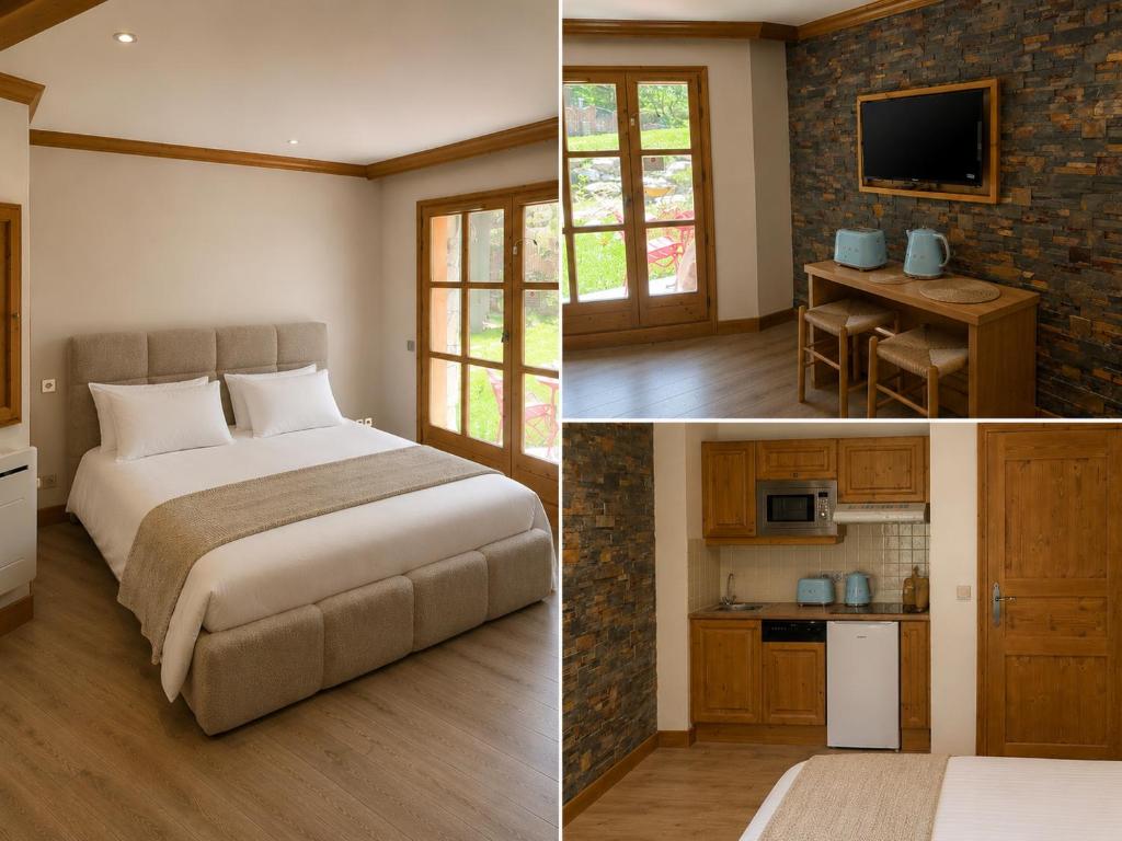 two pictures of a hotel room with a bed and a kitchen at Studio Premium ARC 1950 in Bourg-Saint-Maurice