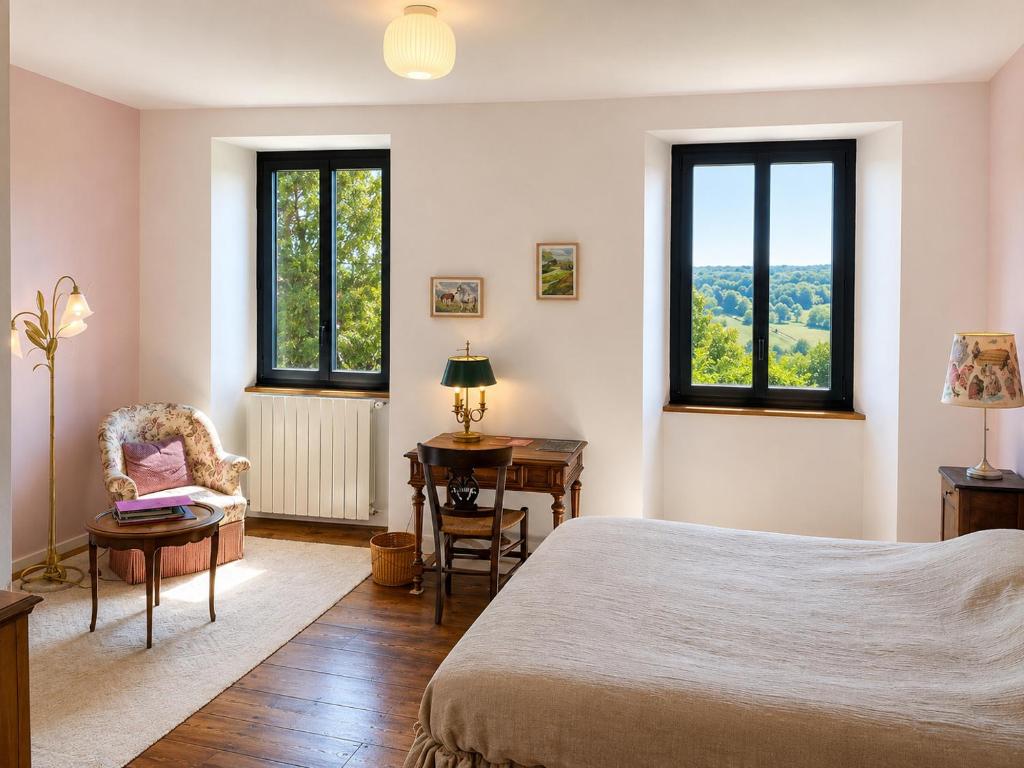 a bedroom with a bed and a desk and two windows at Chambre double alcôve in Lagor
