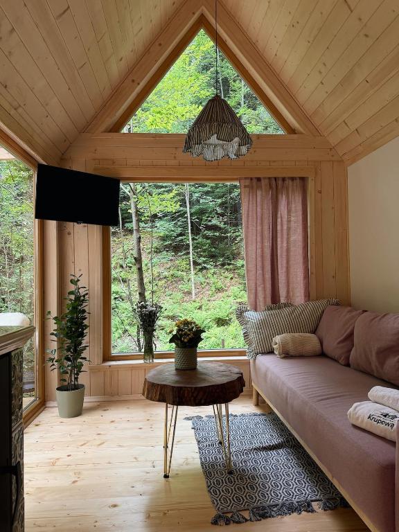 a living room with a couch and a large window at Tiny nad potokiem - Leśny in Sidzina