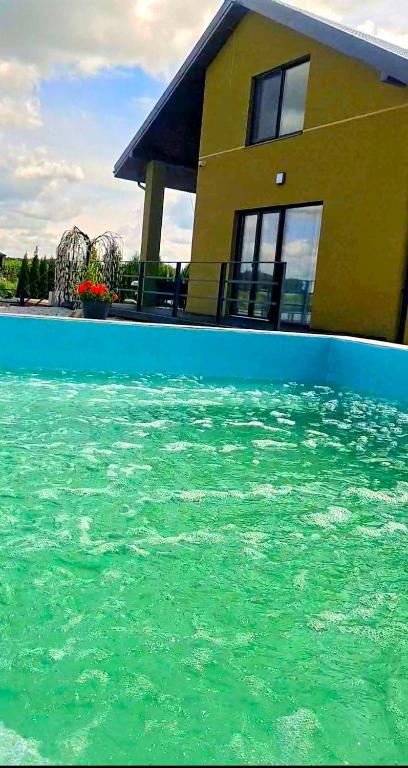 a house sitting on top of a body of water at Villa reed in Dasiūnai
