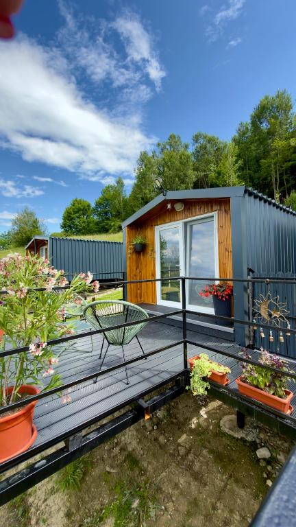 a tiny house with a deck and some plants at Vraja din deal in Domneşti
