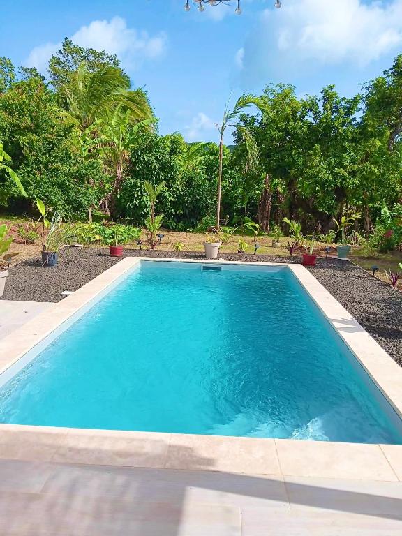 a swimming pool in a yard with trees at Villa neuve Casa Helena - Piscine privée et jardin - 6 pers - Saint-Esprit - Sud Martinique in Quartier Palmène