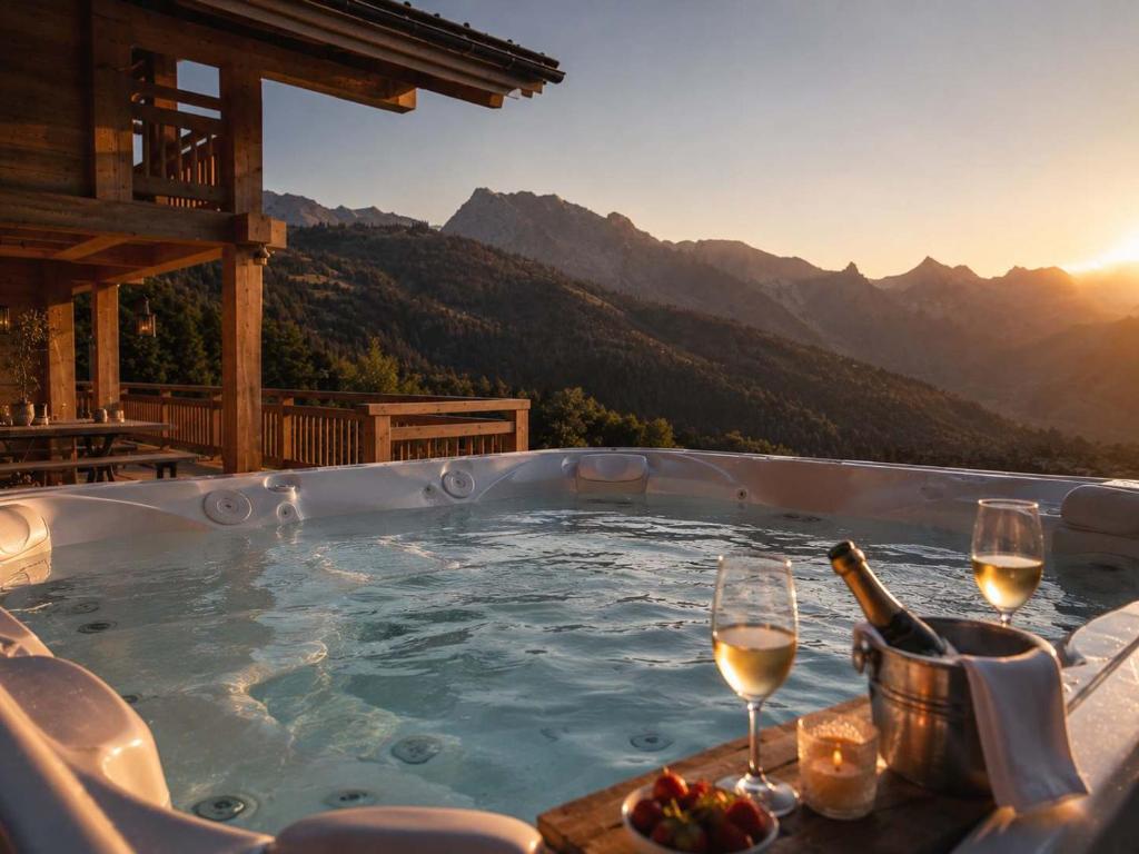 a hot tub with a bottle of wine and two glasses at Chalet Serbijanka Alpine Retreat with Hammam Sauna and Jacuzzi for 14 Gueststs in Manigod