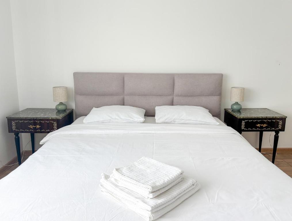 a bed with two nightstands with towels on it at Dabfly Guesthouse & Outdoor Adventures in Ražanj