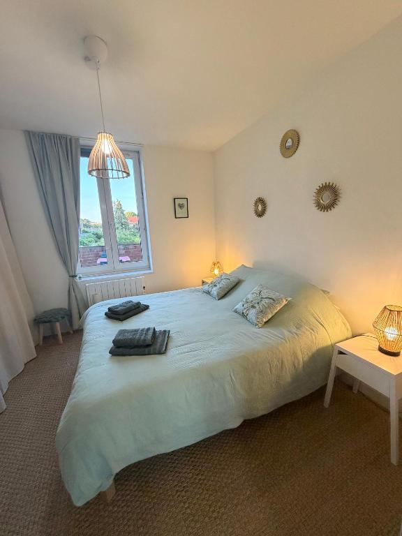 a bedroom with a large bed and a window at Les chtis voyageurs appartement 2 chambres terrasse in Marcq-en-Baroeul