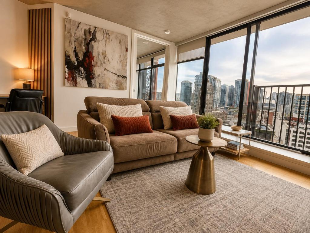 a living room with a couch and large windows at Historic Downtown Escape in Vancouver
