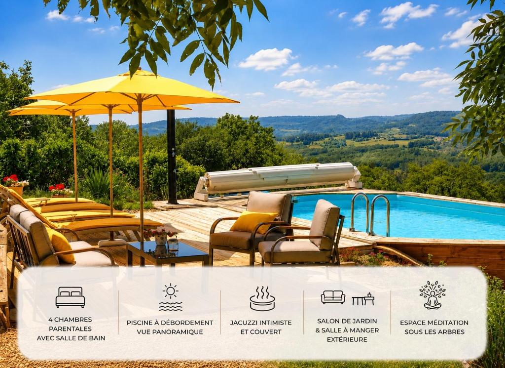 a pool with chairs and umbrellas next to at Villa Piscine et Jaccuzzi - Vue Panoramique in Juillac