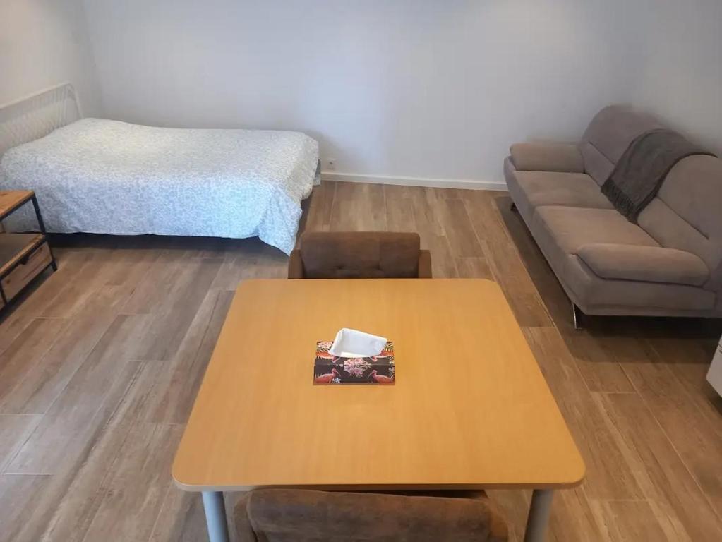 a living room with a table and a couch at Kamer Zwijnaarde in Ghent