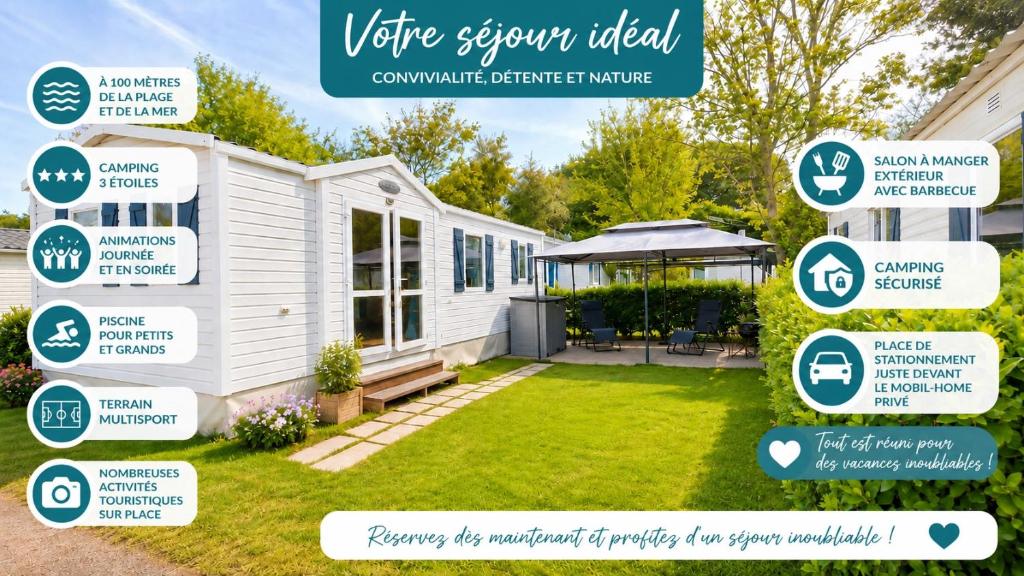 a white tiny house with signs in a yard at Le Cottage D'Oléron, Mer et Animation Camping in Saint-Pierre-dʼOléron