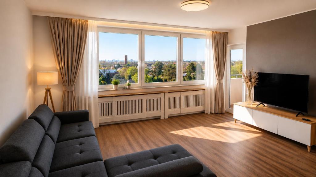 a living room with a couch and a large window at Apartment Hannover - Langenhagen center 2 in Hannover