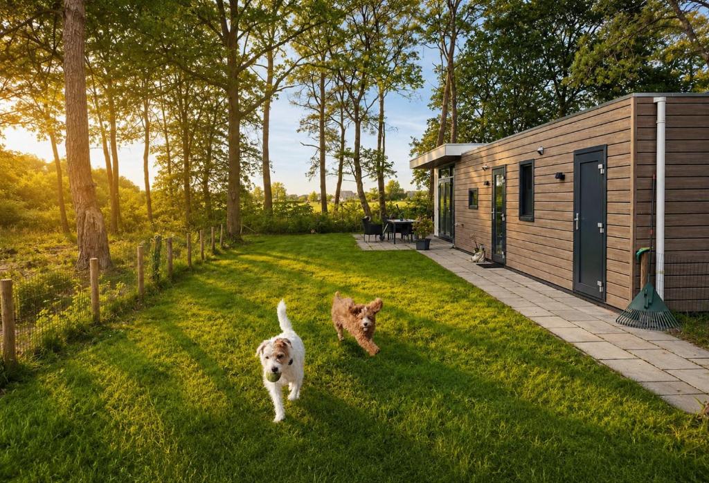a dog running in the grass in front of a house at Casa Kwispel - Hondvriendelijk, luxe, natuur, omheinde tuin in Haarle