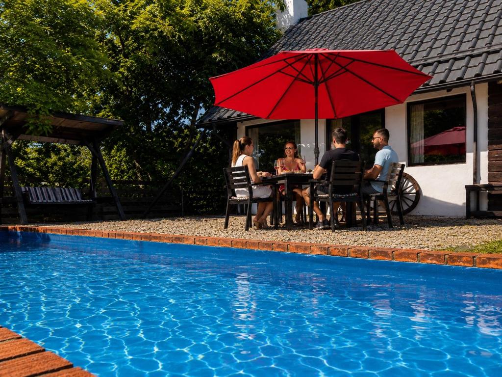 a group of people sitting at a table with an umbrella by a pool at Porumbacu Mountain Views - Cabană cu Piscină in Porumbacu de Sus