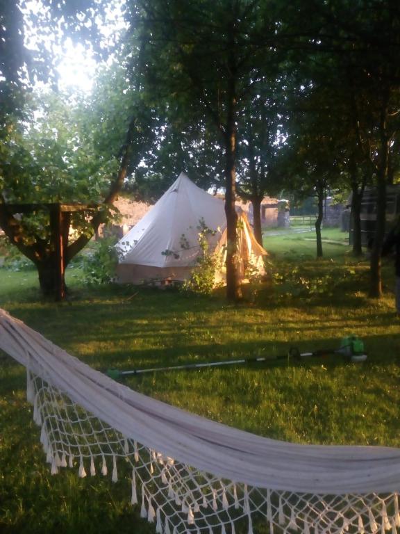 a tent in a park with a hammock in the grass at Slane Concert - Riverside Glamping in Navan