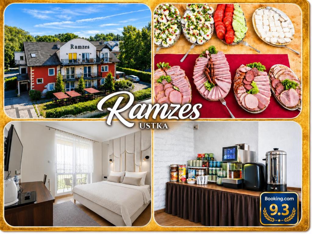 a collage of pictures of a hotel room with food at RAMZES USTKA -pokoje z balkonami, parking gratis ,rowery ,dobry dojazd do plazy i centrum in Ustka