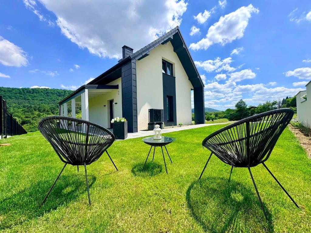 two chairs sitting in the grass in front of a house at Domek Veron 2 in Hańczowa
