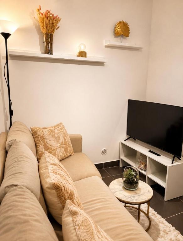 a living room with a couch and a flat screen tv at Rose CosyHome Paris Champs in Champs-sur-Marne