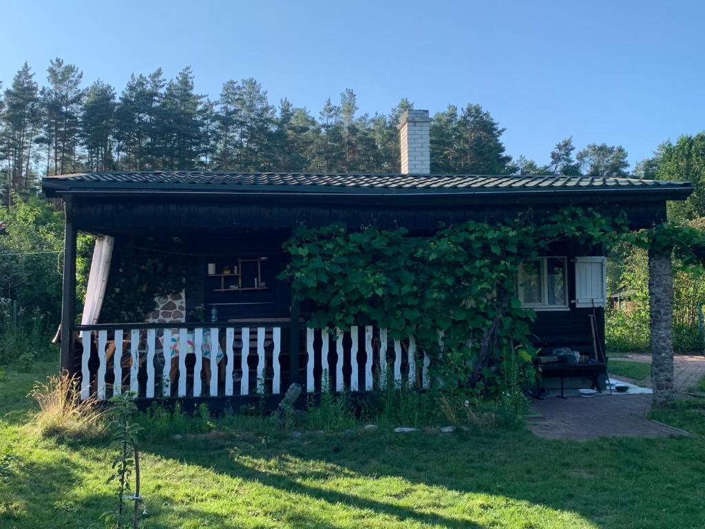 a small house with a white fence in the yard at Dacza Warmińska, domek letniskowy na jeziorem in Sząbruk