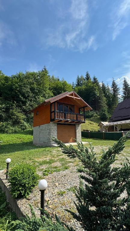 a small house with a balcony in a field at Demyaniv House in Tatariv