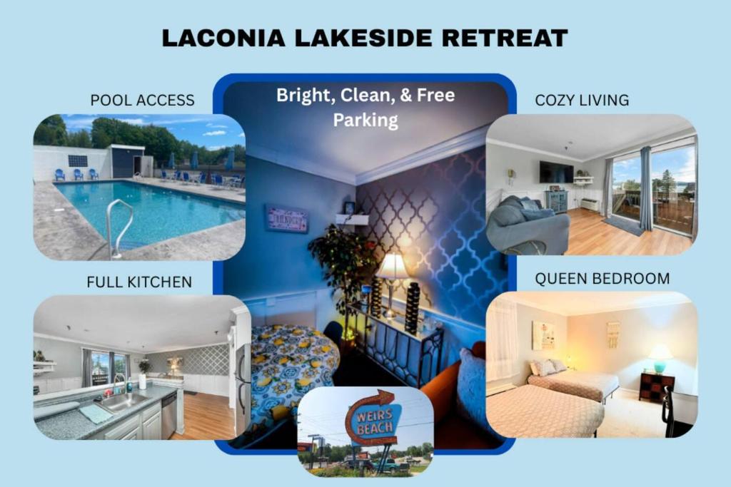 a collage of four pictures of a house at Gilford Beachfront Stay, Pool, WiFi & Parking Incl in Laconia