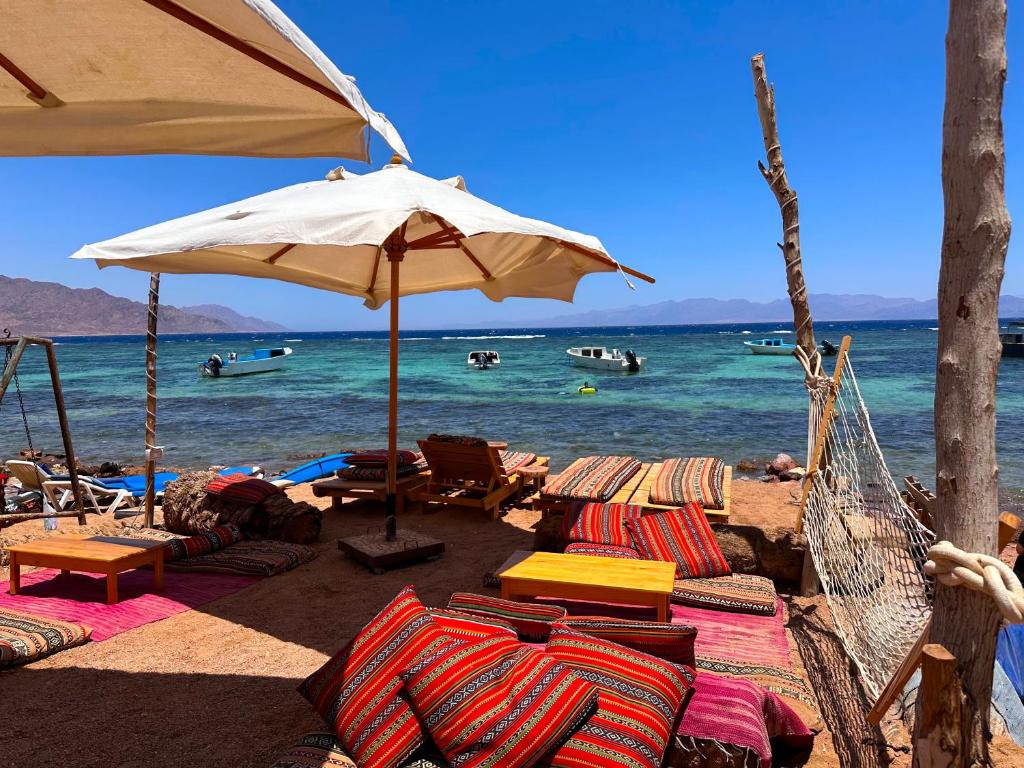 a beach with chairs and an umbrella and the ocean at Leonessa's Villa in Dahab