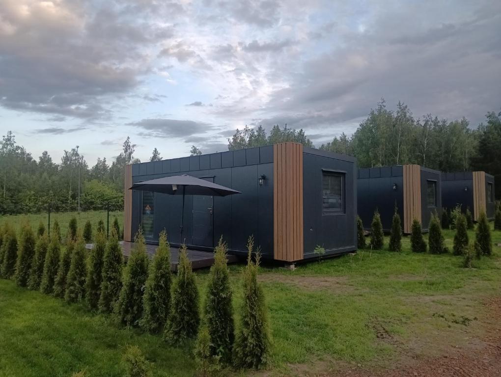 a modern house in a field with trees at Domki u Krukow in Łuka