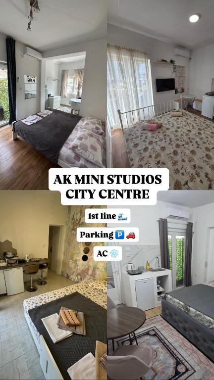 a collage of three pictures of a bedroom at AK mini studio u centru in Tivat
