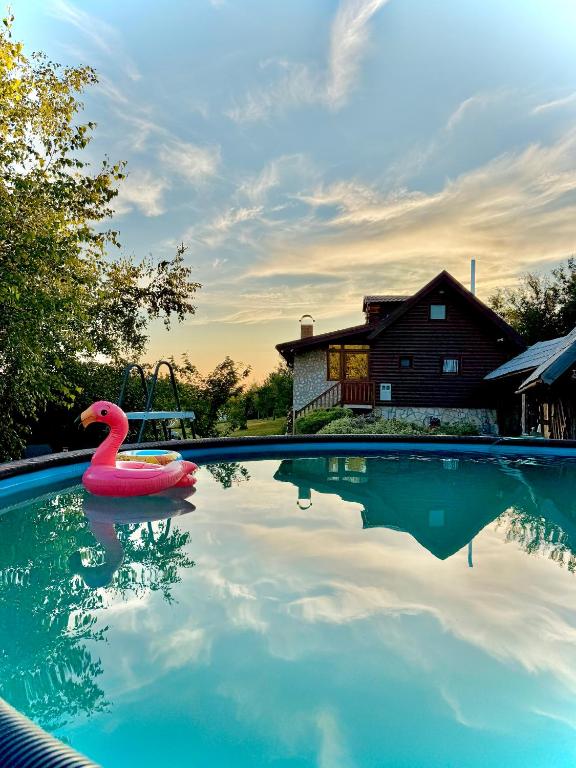 a swimming pool with a pink swan in front of a house at Cozy Green Escape in Kakanj