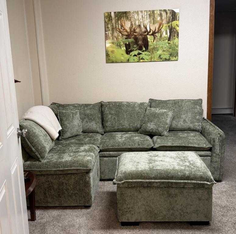 a living room with a green couch and a deer painting at Moose 2 bedroom lower, close to downtown in Fairbanks