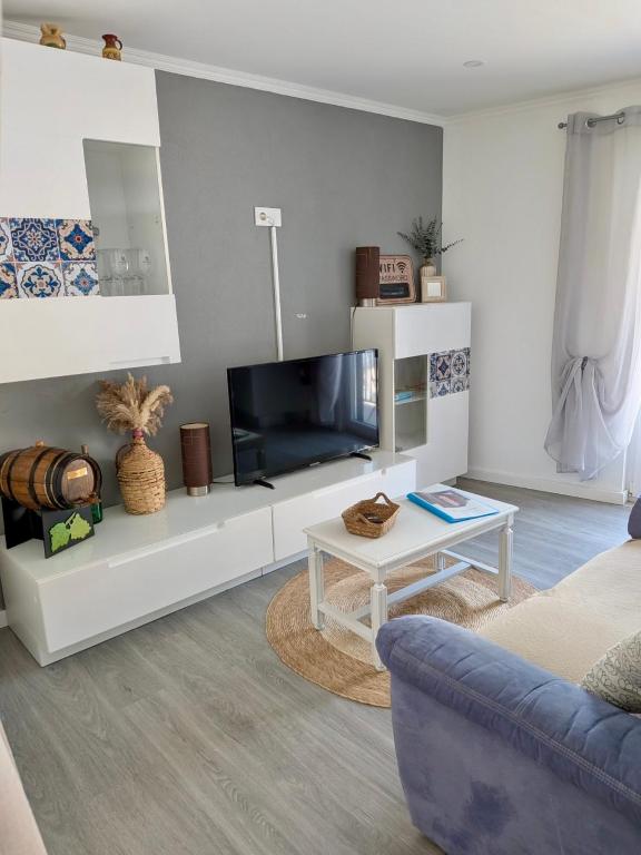 a living room with a tv and a blue couch at Alojamento Lazer in Folgosa