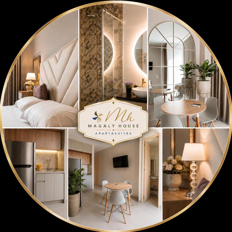 a collage of photos of a bedroom and a living room at Magaly House in Sincelejo