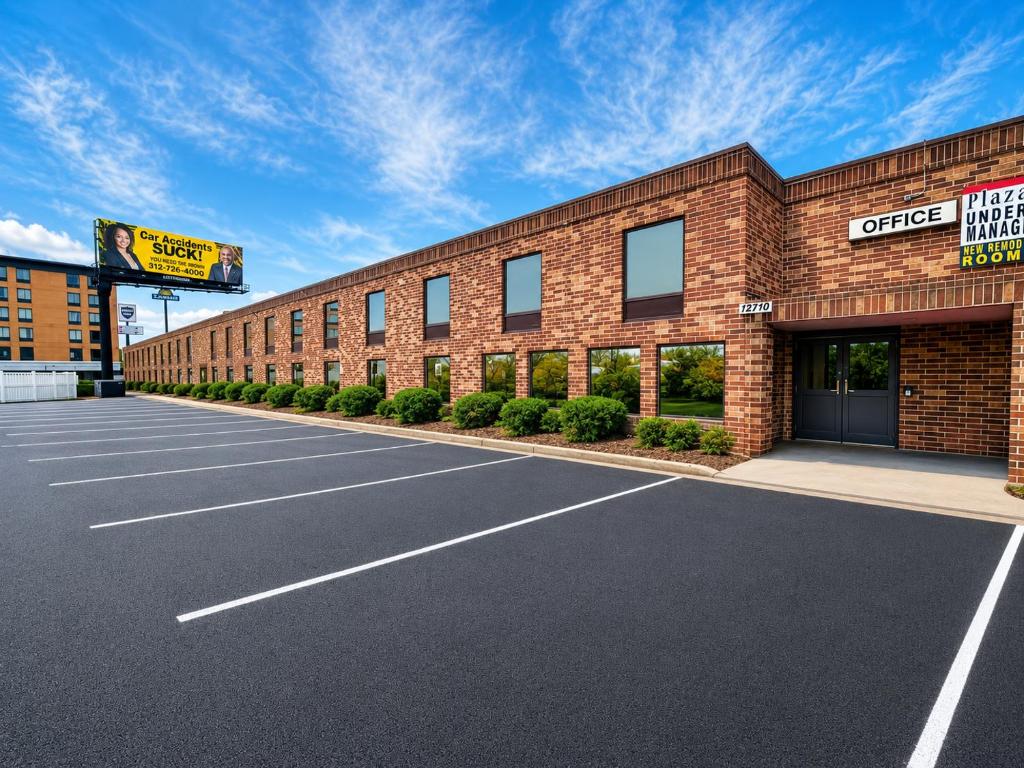 a parking lot in front of a brick building at Plaza Hotel By OYO Calumet Park Alsip I 57 in Calumet Park