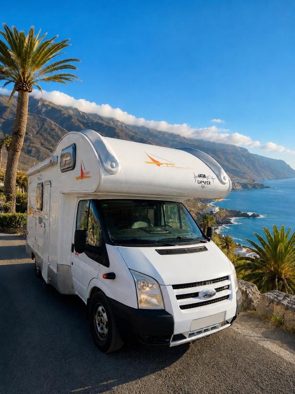 a white rv parked next to the ocean with a palm tree at CamperTenerife in Callao Salvaje