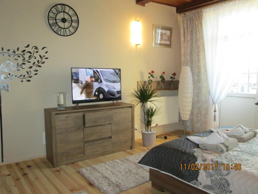Televízia a/alebo spoločenská miestnosť v ubytovaní Apartamenty Przy Farze