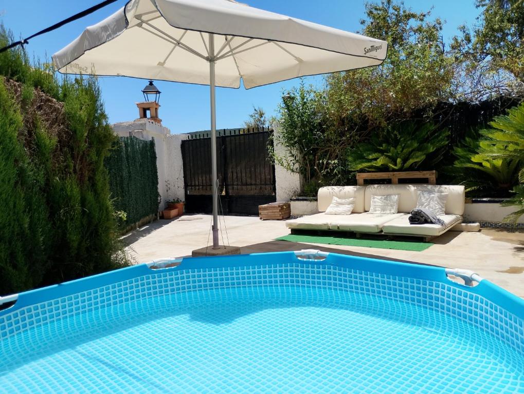 a swimming pool with an umbrella and a couch and an umbrella at Ca La Morancica in Yátova