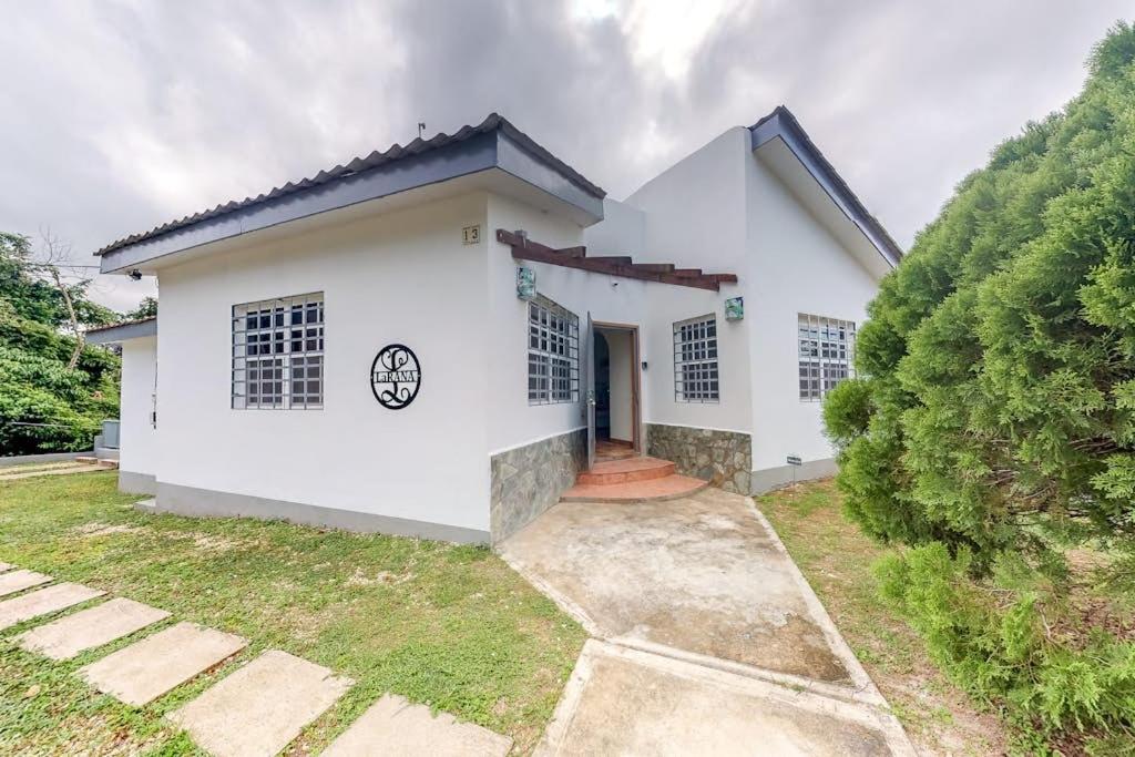 a white house with a driveway at La Rana in San Ignacio