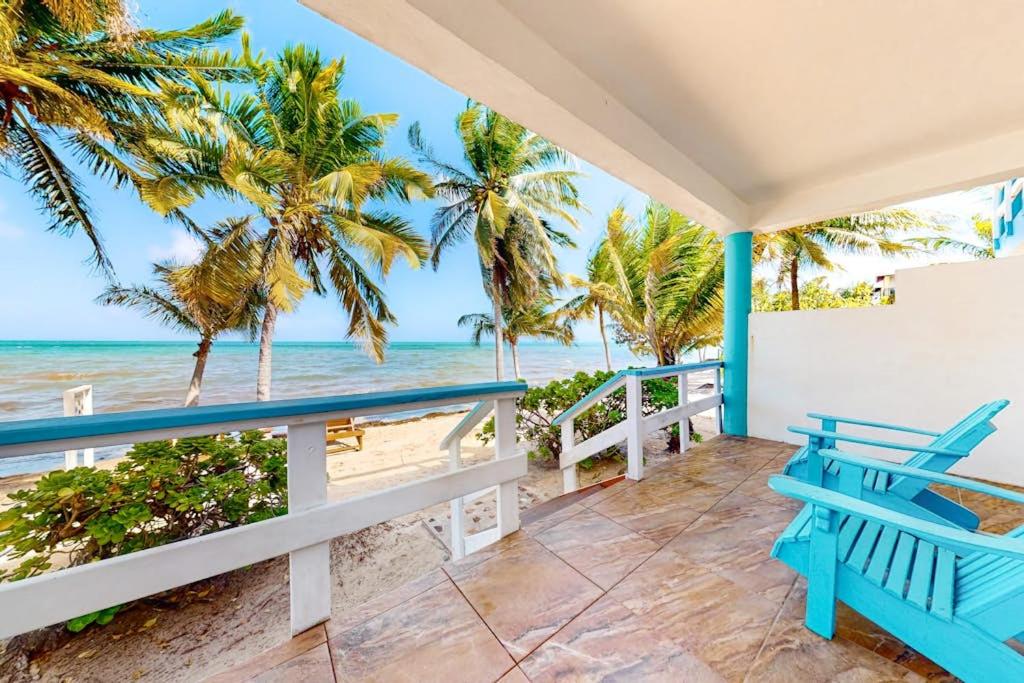 a porch with a blue bench and the beach at Charming beachfront condo with a kitchenette shared pool WiFi & beach access in Placencia
