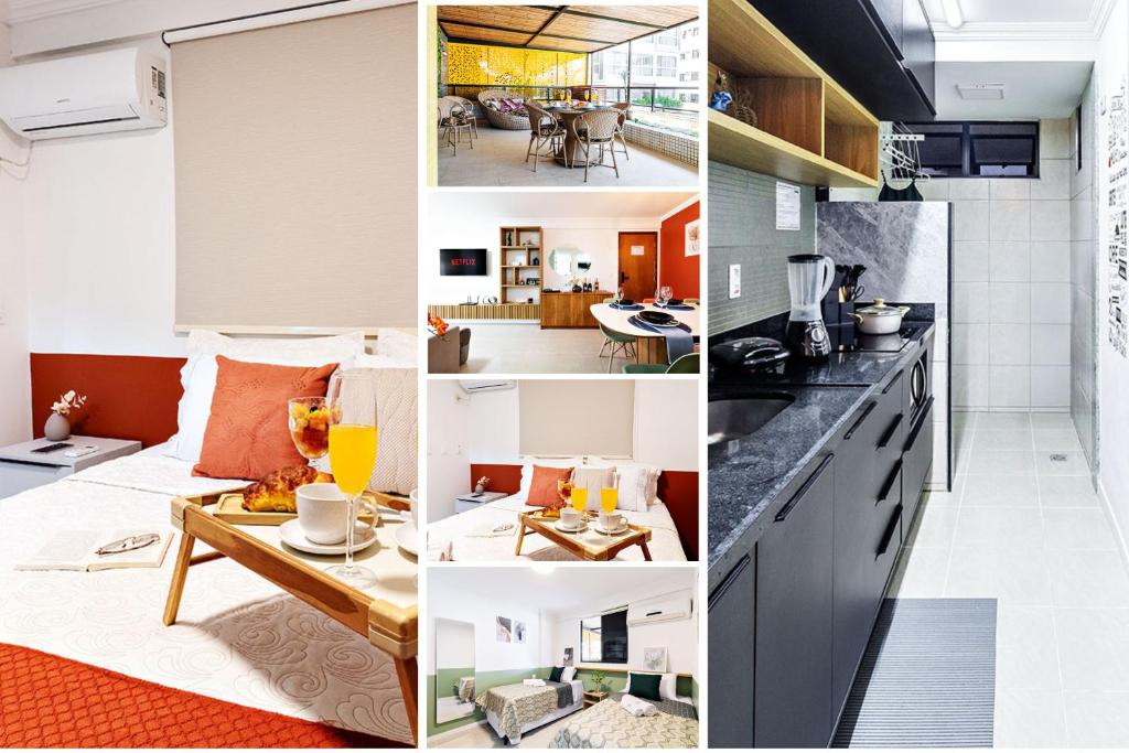 a collage of photos of a kitchen and a living room at Flat espaçoso, no Manaíra, com varanda ampla, a 100m da praia e ao lado do Mag Shopping in João Pessoa