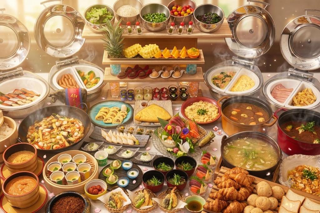 a buffet filled with lots of different types of food at Almont Hotel Sendai in Sendai