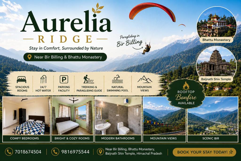 a flyer for a hotel in a resort in the mountains at Aurelia Ridge in Bīr